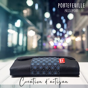 Portefeuille passeport cuir noir tissu japonais Asanoha avec élastique, porte cartes original, portemonnaie japon, idée cadeau voyage