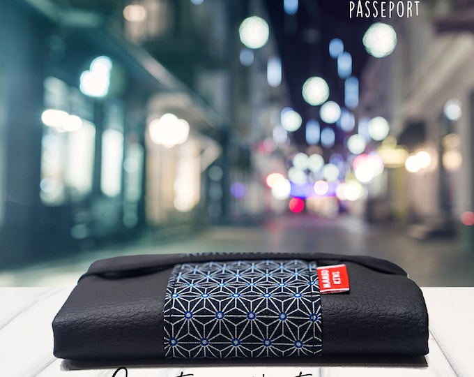Black leather passport wallet in Japanese Asanoha fabric with elastic, original card holder, Japanese purse, travel gift idea