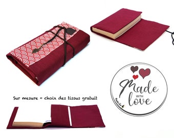 Protège livre grand format tissu japonais rouge lin bordeaux, couverture livre de poche avec rabat, Sac livre tissu rouge, plage, cadeau