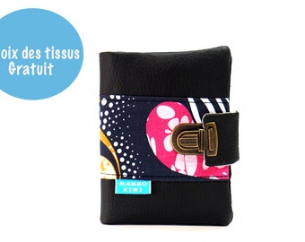 Portefeuille cuir noir femme, portefeuille cartable tissu wax, petit portefeuille femme, porte-cartes cuir, cadeau femme personnalisé