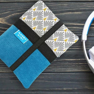 Portefeuille fait main compact - Velours bleu ciel & tissu japonais - Porte cartes, porte-monnaie - Cadeau femme vintage