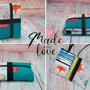 Women's leather and fox fabric wallet with elastic, passport card holder, colorful personalized women's gift idea, turquoise, boho