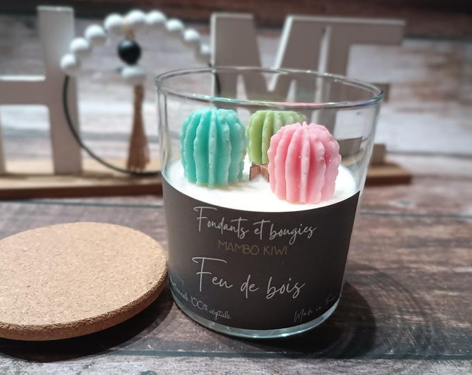 Unscented wooden wick candle – 3 pastel colored cacti – Vegetable wax – Handmade decorative candle – Pampering gift idea