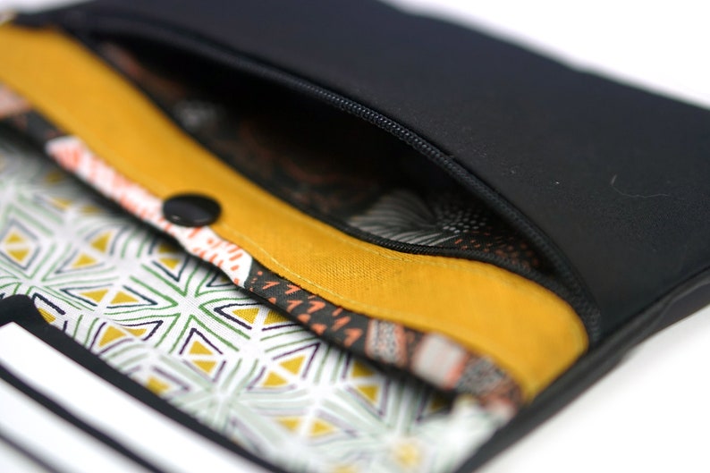 Portefeuille chéquier femme cuir noir tissu feuilles automnales avec élastique, porte-cartes passeport, cadeau fait main femme noël image 8