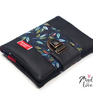 Carteira feminina de couro com bolsa, carteira de couro preto em tecido de penas, carteira boho, porta-cartões de couro, presente de Natal