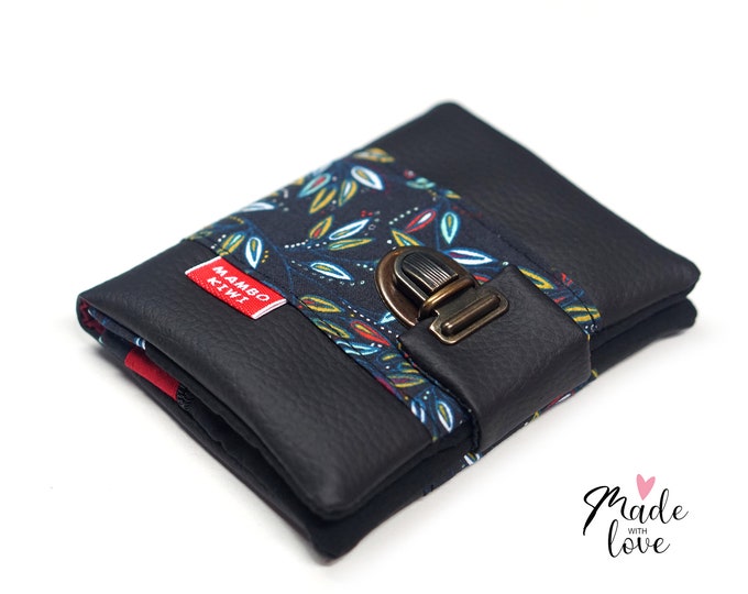 Women's leather wallet with satchel attachment, black leather wallet with feather fabric, boho wallet, leather card holder, Christmas gift