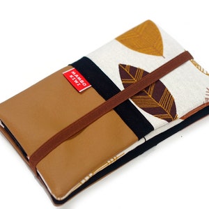 Portefeuille cuir Camel tissu automne feuilles avec élastique, portefeuille chequier fermoir cartable, cadeau anniversaire personnalisé