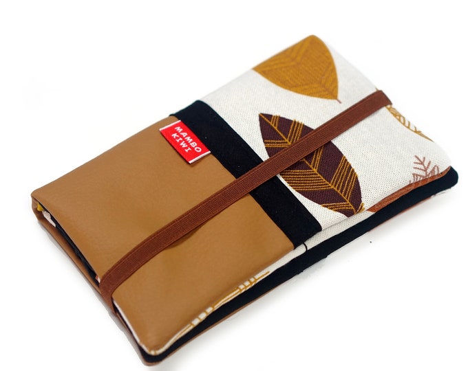 Camel leather wallet autumn leaves fabric with elastic, checkbook wallet clasp schoolbag, personalized birthday gift