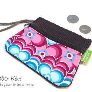 Pochette velours côtelé tissu retro fleurs, porte monnaie velours femme, pochette fuchsia, porte cartes velours, cadeau