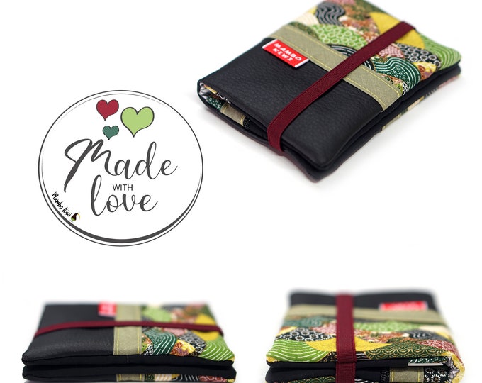 Small Japanese wallet in black imitation leather with elastic, green and gold Japanese fabric leather card holder, customizable gift for women