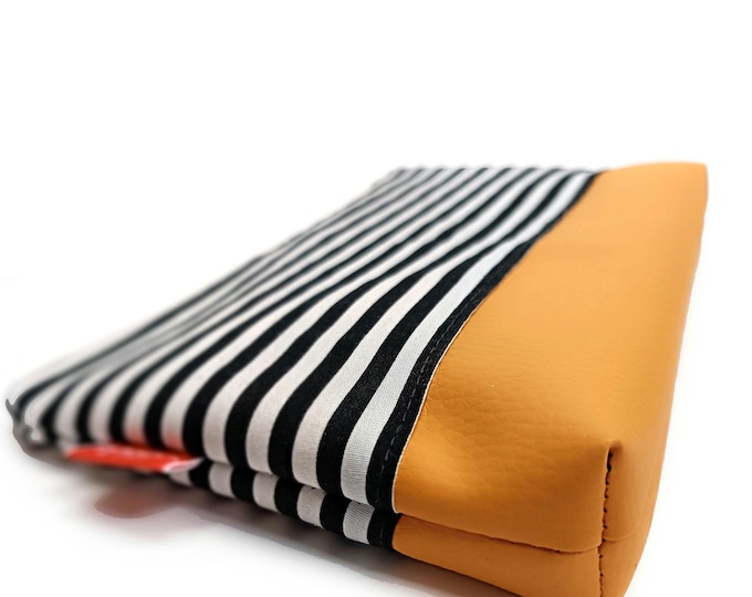 XL Yellow Faux Leather Pencil Case with Striped Pattern - Medicine, Toiletry, Makeup Storage Pouch - Travel Gift