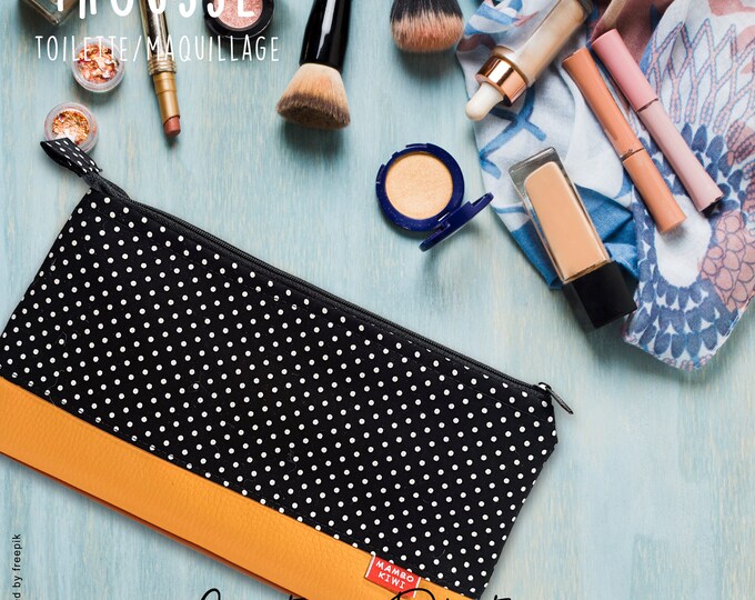 Personalized women's makeup bag, handmade yellow leather, black polka dot fabric, toiletry bag, cosmetic storage case, travel kit