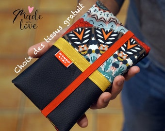 Portafoglio da donna per libretto degli assegni in pelle nera, tessuto africano, mandala rossi con elastico, chiusura a cartella, regalo di Natale personalizzato