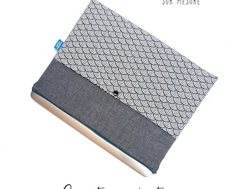 Etui tablette Samsung tissu japonais seigaiha bleu avec poche, housse ipad pro, ipad air rembourrée, étui ipad mini sur mesure, personnalisé