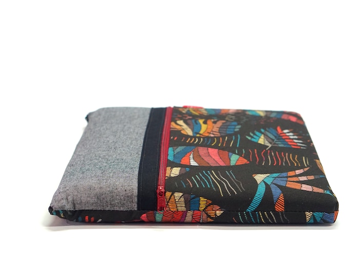 13/14 inch computer case and MacBook pro/air in boho chic feather fabric with pocket and padding, handmade and custom gift
