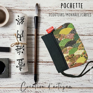 Portemonnaie japonais fait main vagues vert/or avec lin noir et dragonne, étui pour écouteur, pochette fourre-tout, idée cadeau pas cher