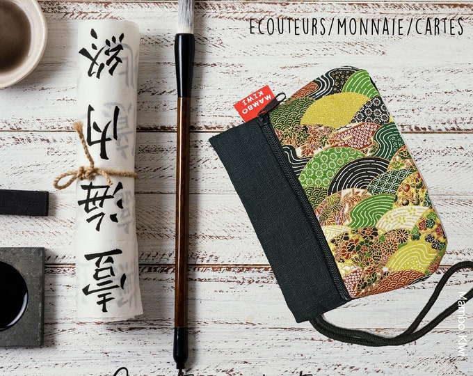 Handmade Japanese Green/Gold Waves Wallet with Black Linen and Wrist Strap, Headphone Case, Tote Pouch, Cheap Gift Idea