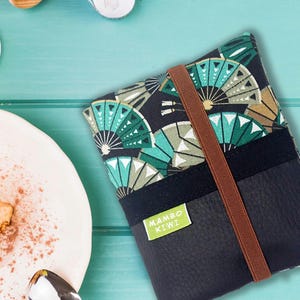 Portefeuille tissu japonais femme - Porte-cartes vegan imprimé éventails turquoise - Cadeau fait main - Motif ou finition personnalisables