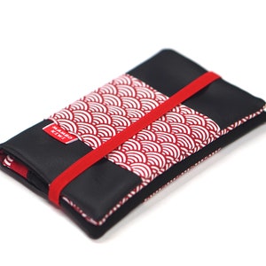 Black leather wallet with red Japanese fabric, personalized wallet, women's leather checkbook card holder, Christmas women's gift, red waves