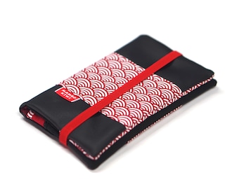 Portefeuille cuir noir tissu japonais rouge, portefeuille personnalisé, porte carte chéquier cuir femme, cadeau femme noël, vagues rouges