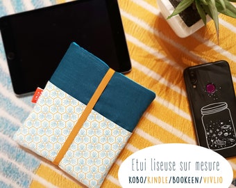 Etui liseuse kobo libra 2 tissu japonais lin turquoise, étui liseuse kindle, pochette  kobo clara 2, cadeau fait main lectrice, sur mesure