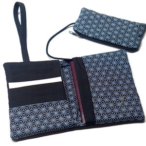 Portefeuille passeport cuir noir tissu japonais Asanoha avec élastique, porte cartes original, portemonnaie japon, idée cadeau voyage image 3