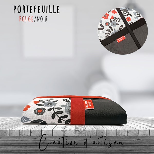 Petit portefeuille minimaliste similicuir et tissu floral avec élastique, porte-cartes, portemonnaie, Idée cadeau personnalisé femme