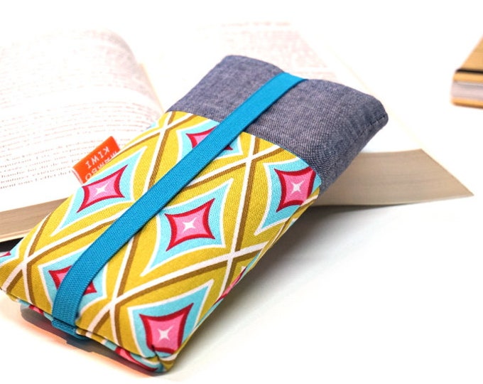 Custom Phone Case iPhone 15, Samsung S23, Pixel 8 – Colorful Graphic Fabric & Gray Chambray – Elastic Closure – Handmade Gift