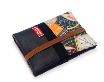 Portefeuille tissu automne similicuir noir avec élastique, cadeau femme noël fait main, porte-cartes tissu, portemonnaie cuir et tissu