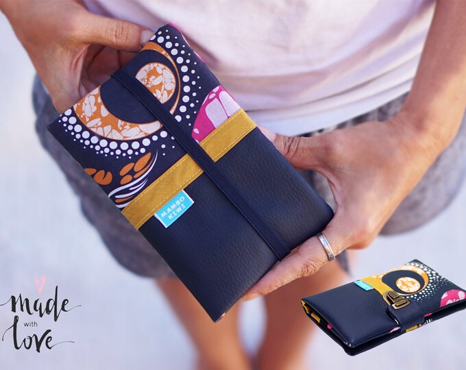 Large XL checkbook wallet card holder for women - African wax print & navy faux leather - Handmade gift for sister, friend, mom, wife
