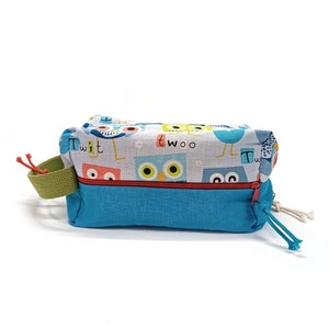 Astuccio XXL per bambini con nome personalizzato - 4 tasche con cerniera - Tessuto in lino e gufo - Spazio per matite, giocattoli, scuola - Regalo per bambine e bambini