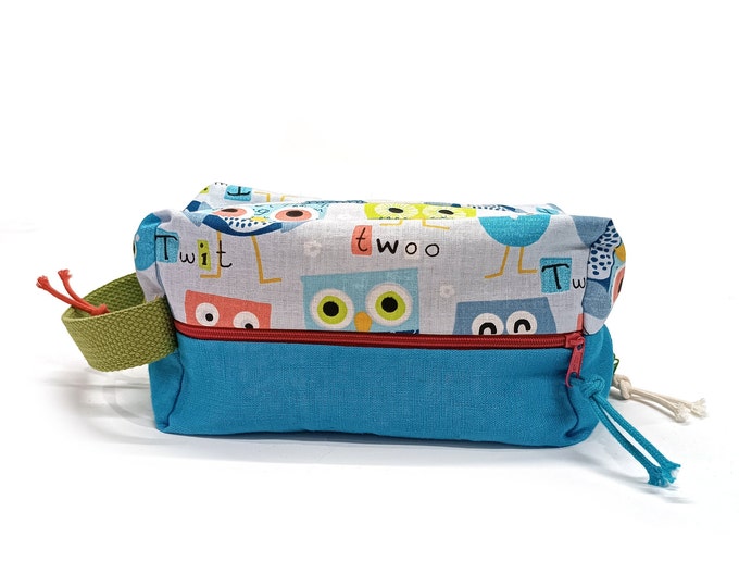XXL children's pencil case with personalized name - 4 zipped pockets - Linen and owl fabric - Storage for pencils, toys, school - Gift for girls, boys