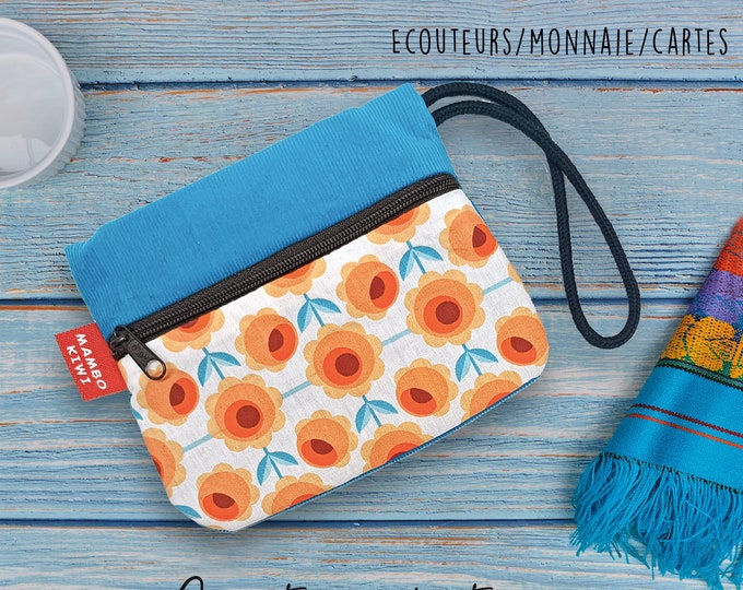 Corduroy Card Holder with Wrist Strap with Colorful Retro Kitsch Fabric, Handmade Girlfriend Gift Idea