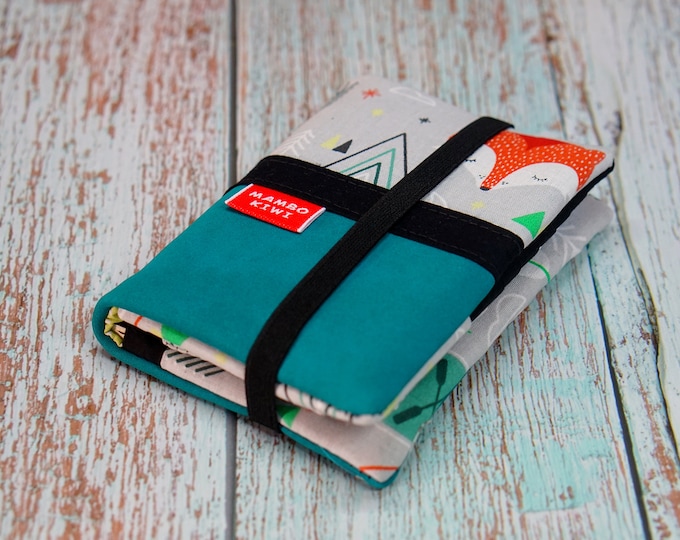 Women's leather and fox fabric wallet with elastic, passport card holder, personalized gift idea for women, colorful, turquoise, boho