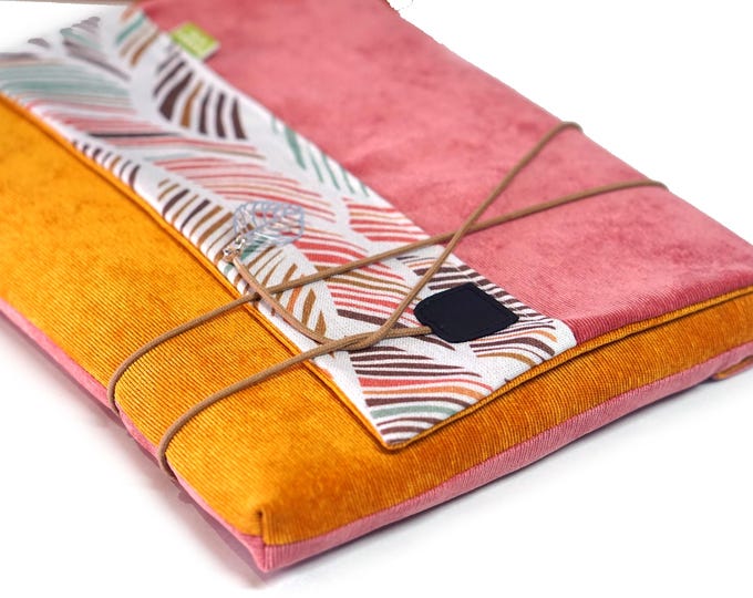 Custom-made 13-14 inch laptop and MacBook Air/Pro sleeve - Mustard & Coral Boho Velvet - Handmade zippered case - Women's gift