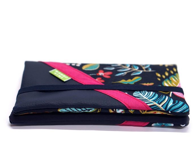 Navy blue faux leather wallet with floral fabric, women's leather companion wallet, floral fabric card holder wallet, ethnic
