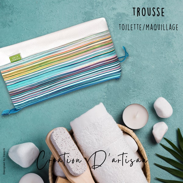 Grande trousse toilette blanche avec tissus rayures, Trousse de voyage, trousse maquillage, accessoires de sac, idée cadeau personnalisé