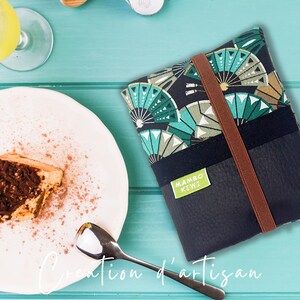Monedero pequeño vegano para mujer, tarjetero de tela japonesa con abanicos turquesa y verde - idea de regalo para amantes de Japón - personalizable