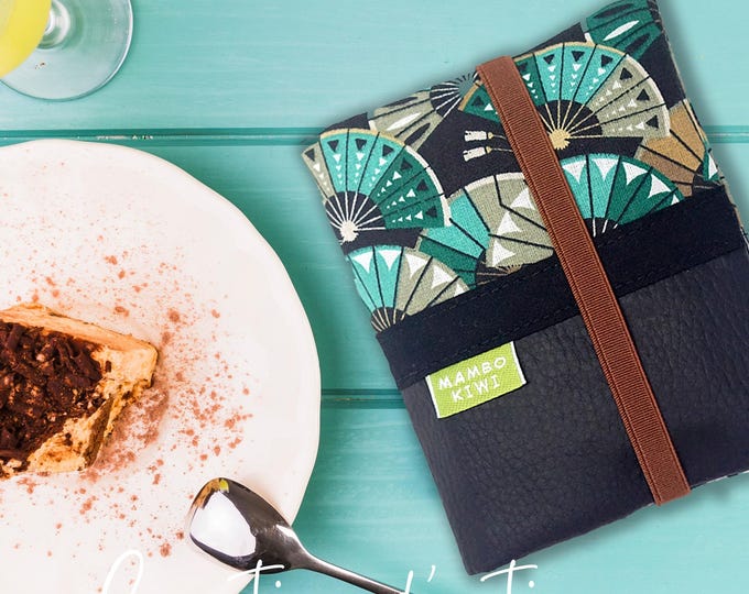 Small women's wallet vegan card holder Japanese fabric turquoise green fans - gift idea for lovers of Japan - customizable