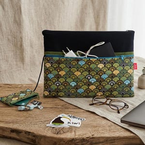 Op maat gemaakte, gevoerde laptophoes + accessoiretasje, pc-bescherming van Japanse stof, fosforescerende naam