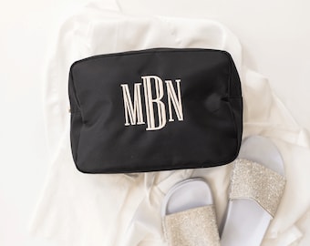 Black Monogrammed Nylon Pouch, Custom Black Makeup Bag, Black Nylon Cosmetic Bag