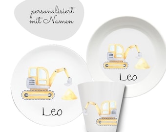 Children's dishes set with name Bagger, Construction Trucks