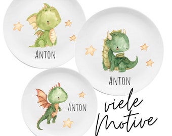 Plato infantil con nombre, regalo infantil personalizado, regalo de bautizo, regalo, primer cumpleaños, juego de vajilla infantil melamina, dragón