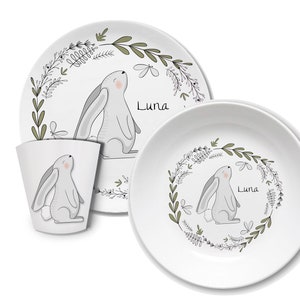 Children's dishes set with name bear Hase grau