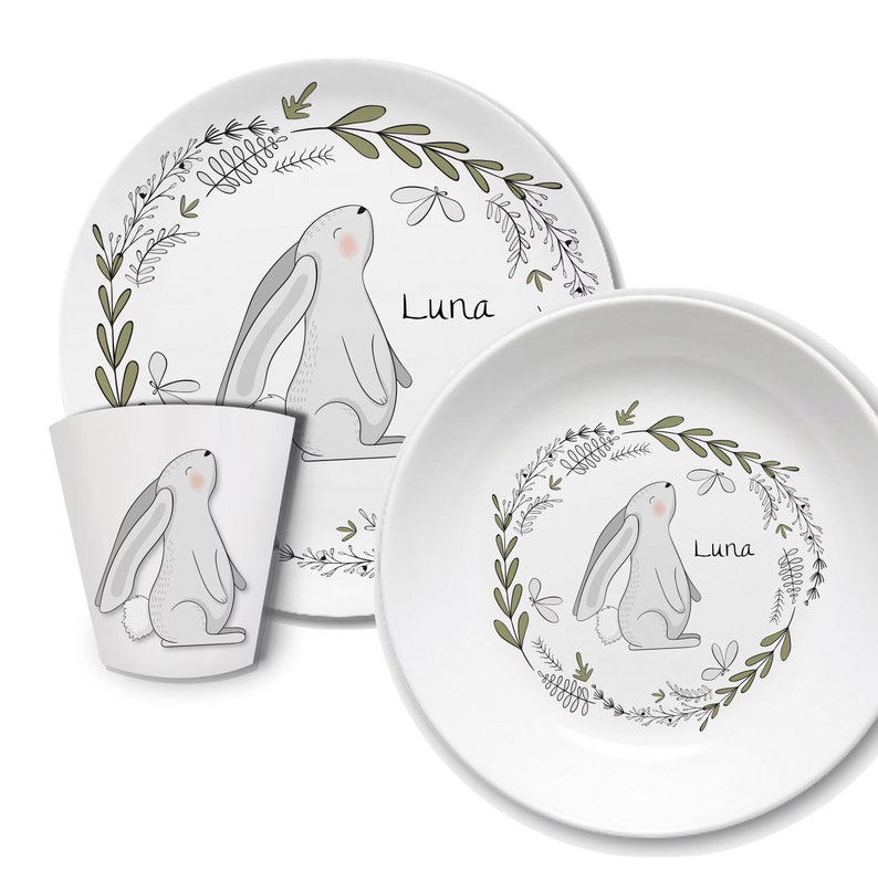 Children's dishes set with name bear Hase grau