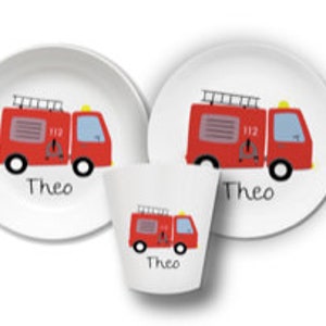 Children's dishes set with name fire engine