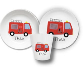 Children's dishes set with name fire engine