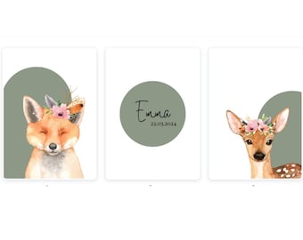 Poster set children's room baby room, forest animals with names, digital prints name poster baby room decoration