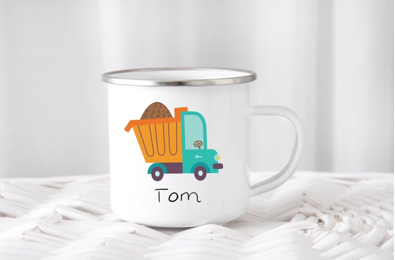 enamel cup with name construction vehicle image 1