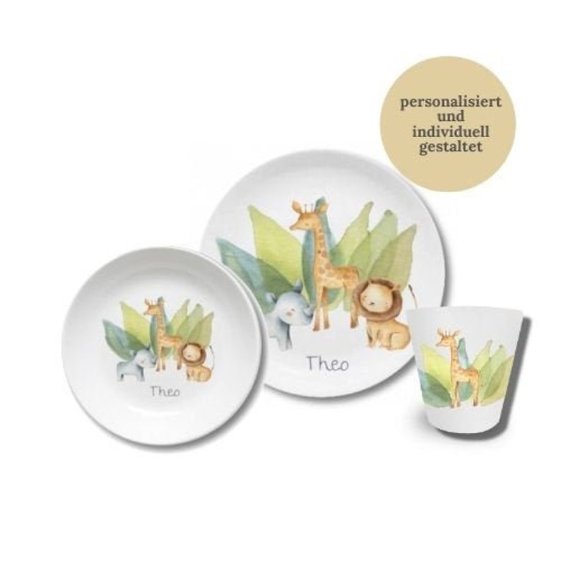 Kinderteller mit Namen, personalisiertes Kindergeschenk, Taufgeschenk, Geschenk, Erster Geburtstag, Kindergeschirr Set Melamin, Savanne Löwe Bild 1